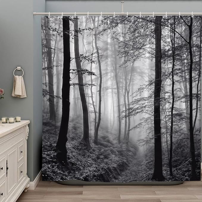 Misty Forest Shower Curtain Black White Foggy Nature Landscape Grey Fantasy Fog Tree Rustic Farmhouse Outdoor Bath Curtain with Hook 47Wx70H Inch