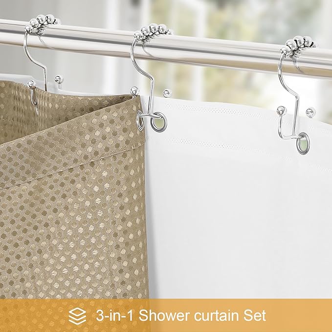 3 in 1 Shower Curtain Set, Beige Waffle Shower Curtain and PEVA Liner Set with 12 Stainless Steel Shower Curtain Hooks, Tan Waterproof Fabric Shower Curtains for Bathroom, 72 W x 72 H