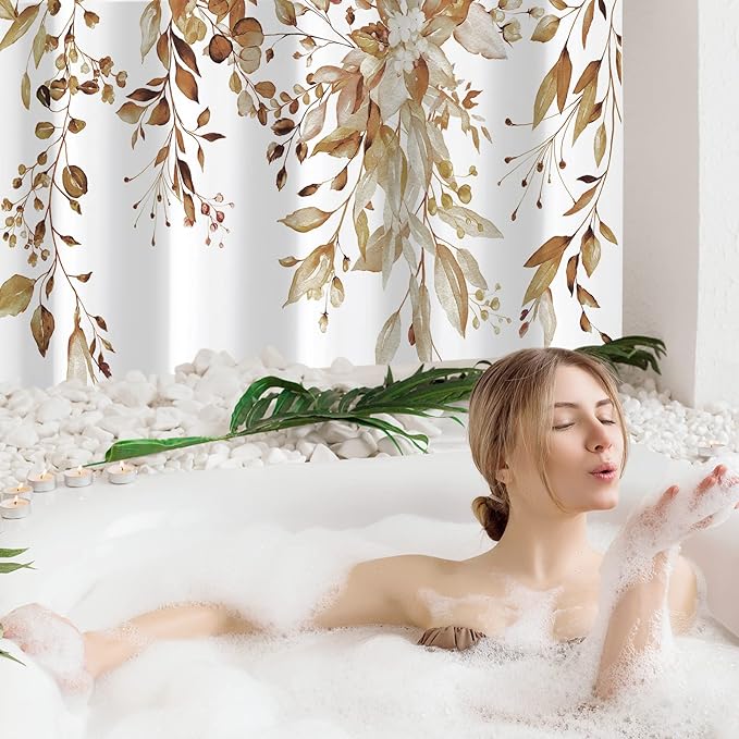 Gibelle Long Shower Curtain 72 x 78, Brown Floral Shower Curtain for Bathroom, Watercolor Plant Eucalyptus Leaves Fabric Shower Curtain Set