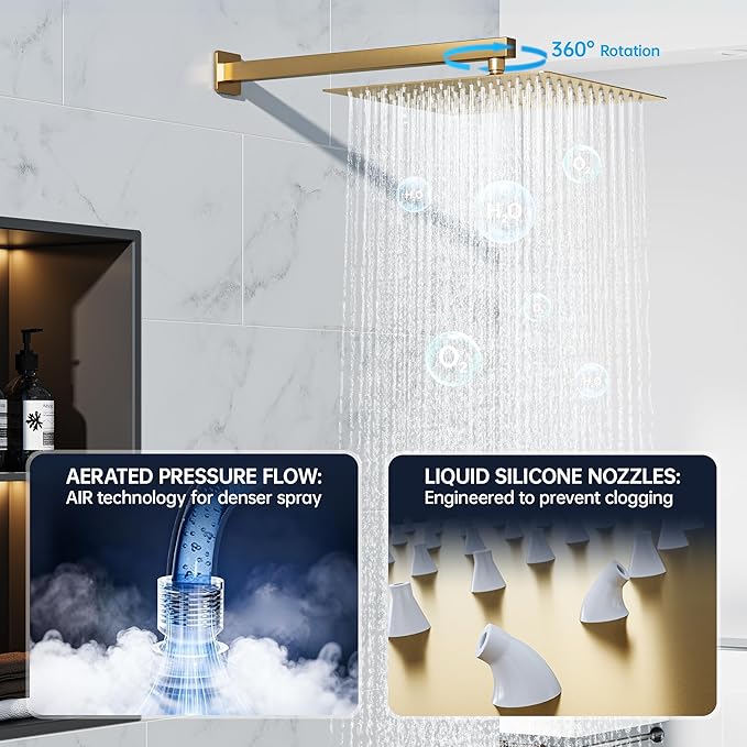 10 Inch Luxury Rain Shower Faucet Set, Brushed Gold Shower System with Rainfall Shower Head and Handheld Spray, SUS304 Stainless Steel and Solid Brass Wall Mounted Shower Valve Trim Kit
