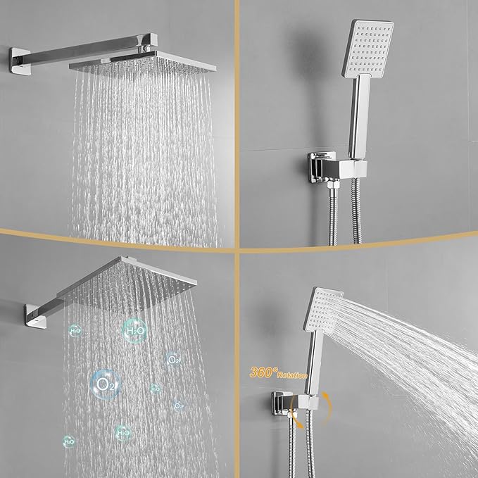 BWE Chrome Shower Faucet Set,Rainfall Shower Head with Handheld Shower,Two Functions Bathroom Luxury Shower Combo Set,Wall Mounted Shower System with Brass Rough-in Valve and Trim Kit