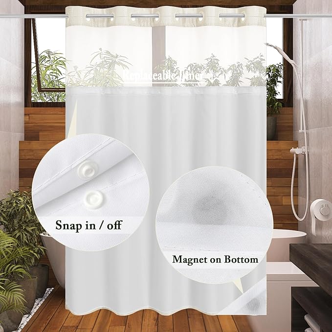 Gibelle Long Shower Curtain 72x80, Waffle Weave Bathroom Shower Curtain with Snap-in Fabric Liner Set, No Hooks Needed, Hotel Style with Mesh Top Window, Ivory