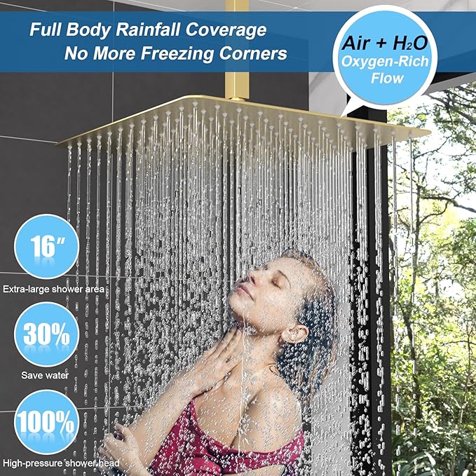 Enga Thermostatic Dual Head Shower System, Shower Faucet Set with 16"+6" Rain Shower Heads & Handheld, All Functions Use Simultaneously, Adjustable Volume, Brushed Gold