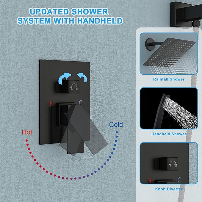 Black Shower Head Faucet - Lordear 8 Inch Wall Mounted Rain Shower System Set, Matte Black Stainless Steel Square Rainfall Shower Head with Handheld, Brass Valve Included
