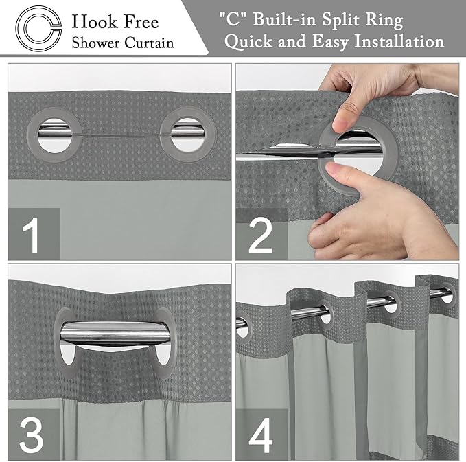 Gibelle Stall Small Shower Curtain 36x74, Waffle Weave Shower Curtain with Snap-in Fabric Liner Set, No Hooks Needed, Hotel Style with Mesh Top Window, Grey