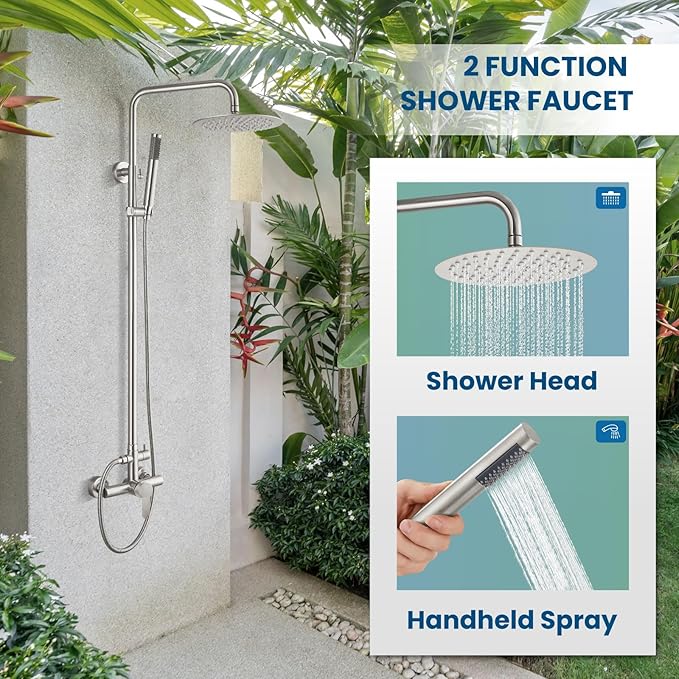 gotonovo Outdoor Shower Fixtures SUS304 Stainless Steel Rain Shower Kit Faucet High Pressure Wall Mount 2 Dual Function 8 Inch Showerhead and Handheld Spray Combo, Single Handle, Brushed Nickel
