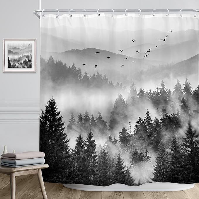 Riyidecor Extra Long Black and White Shower Curtain 72Wx78H Inch Foggy Scene Alpine Tree Misty Mountain View Pine Wood Nature Natural Botanical Bathroom Decor Fabric Polyester Waterproof 12 Pack Hooks