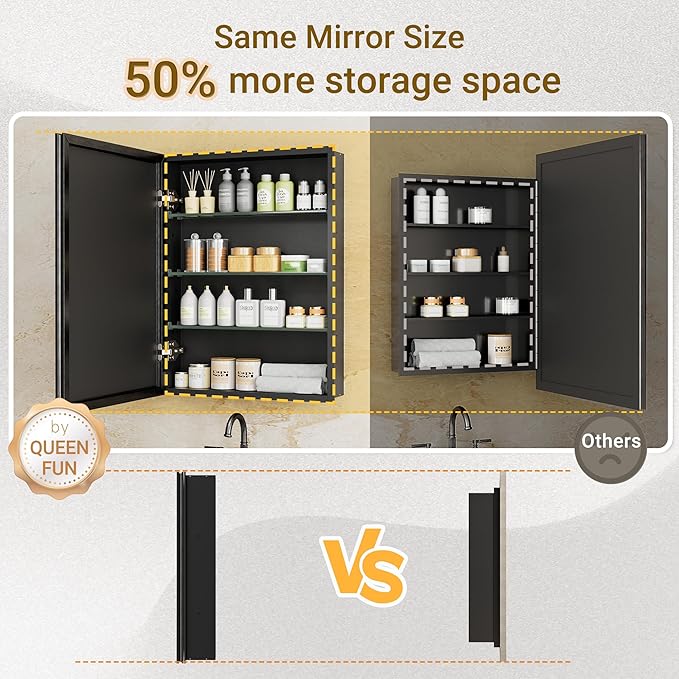 16x24 Pre-Assembled Black Medicine Cabinet with Mirror, Surface or Recessed Medicine Cabinet Mirror for Bathroom, Aluminum Beveled Frame Bathroom Vanity Mirror with Adjustable Shelves Storage