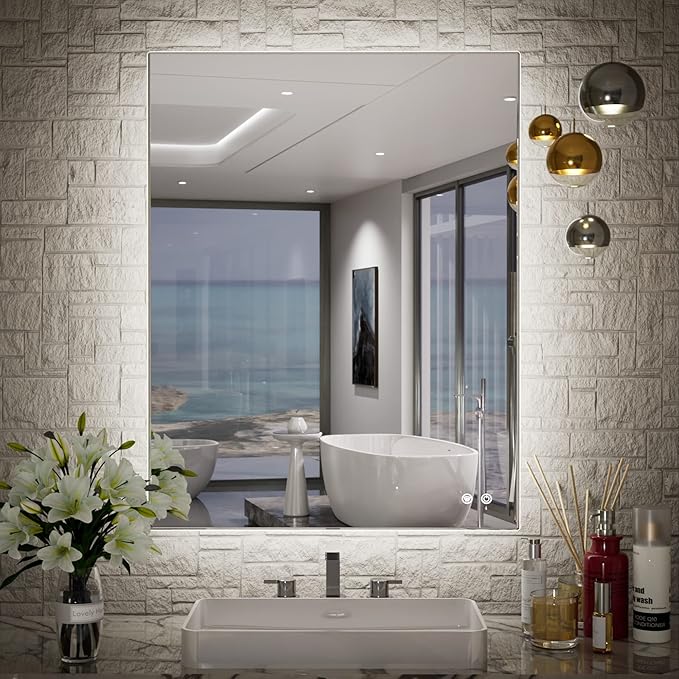 TETOTE 24 x 32 Inch LED Backlit Bathroom Vanity Mirror,Anti-Fog,Dimmable,CRI90+,Touch Button,Water Proof,Horizontal/Vertical Wall Mounted with Light