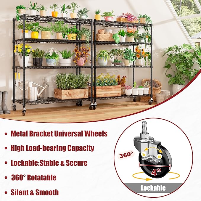 PrimeZone 4 Packs 55.5" W x 24" D x 80" H Heavy Duty Wire Storage Shelves with Wheels, 4 Tier Adjustable NSF Certified Garage Shelving Unit, Rolling Metal Organizer Shelf Rack for Warehouse, Pantry