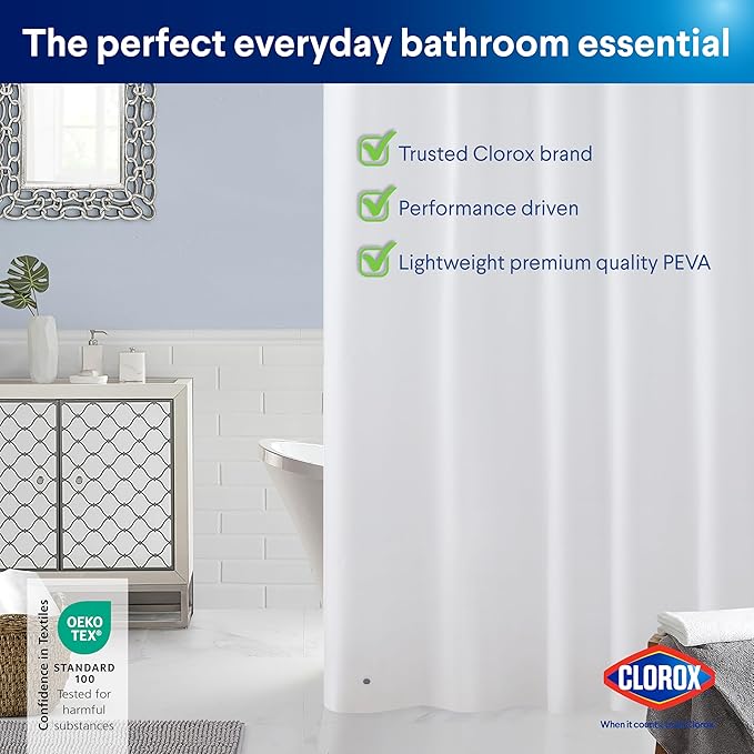 Clorox Shower Curtain Liner, Premium Lightweight Flexible Waterproof 4g PEVA for Bathroom with Weighted Magnets, Standard Size 70" x 72", White 1 Pack