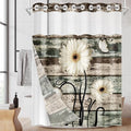 No Hook Vintage Flower Shower Curtain with Snap in Fabric Liner Set, Daisy Wooden Boards Double Layers Waterproof Fabric with See Through Top Window Open Grommet Bath Curtain 54x80 Inch