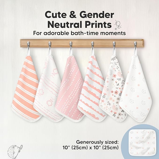 6-Pack Cotton Baby Washcloths for Newborn - Organic Cotton Muslin Soft Wash Cloths for Babies, Infant, Kids,Toddler Towels for Boy,Girl,Super Absorbent Face Cloths,Scratch-free Baby Rags (Sweet Charm)