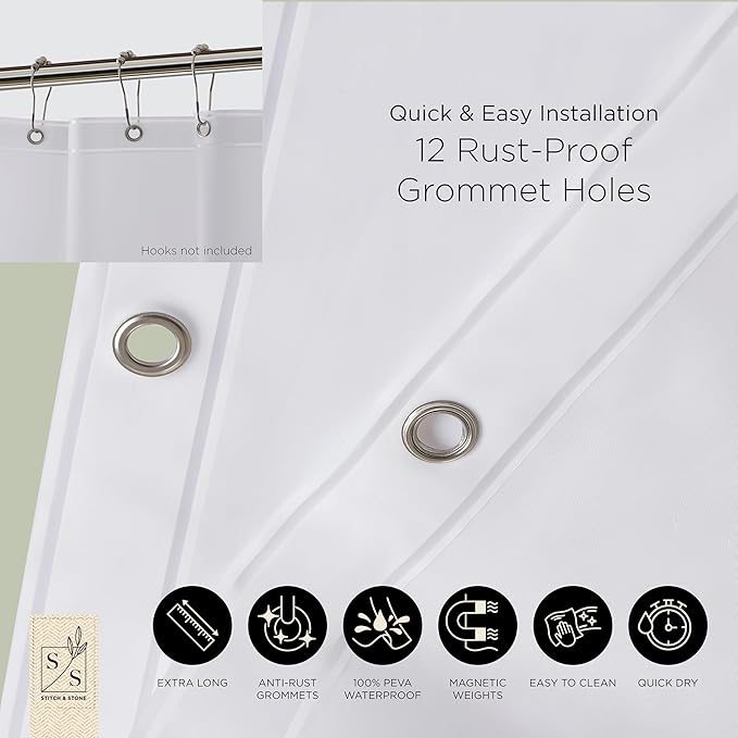 Stitch & Stone Shower Curtain Liner, Premium Medium Weight Durable Waterproof 6g PEVA for Bathroom with Weighted Magnets, Extra Long 72" x 84", Frosty 1 Pack