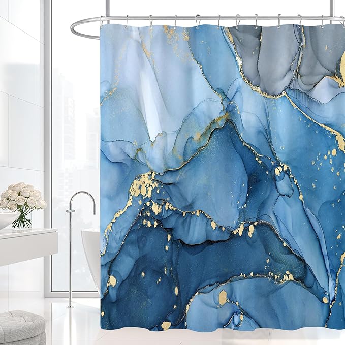 Blue Marble Shower Curtain, Modern Abstract Fabric Shower Curtains for Bathroom, Luxury Art Ink Texture Watercolor Shower Curtain Set with Hooks 72x72