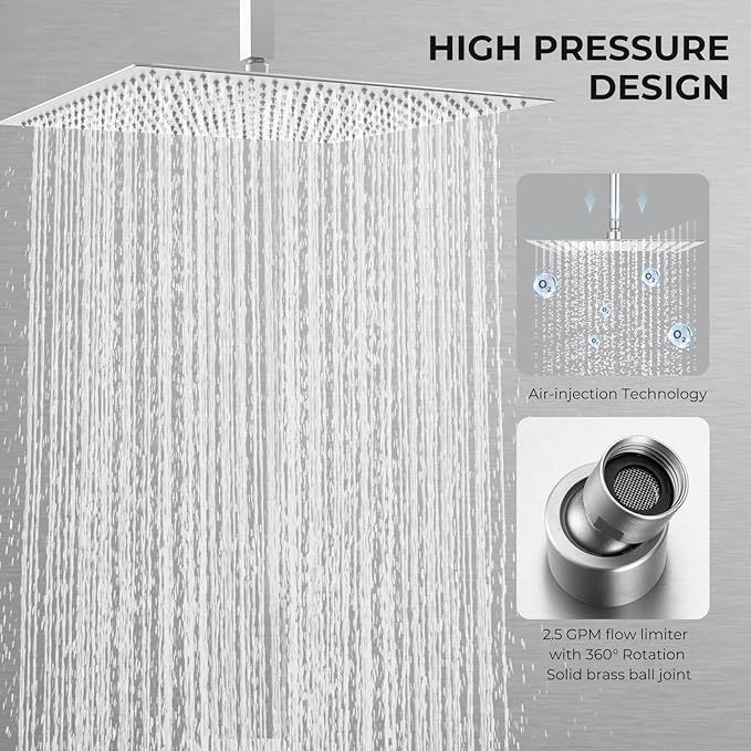 Oversize Rain Shower Head, Ultra Thin 16 Inch Square Stainless Steel Rainfall Shower Head with 360° Rotation, High Pressure Waterfall, Full Body Coverage, Brush Nickel