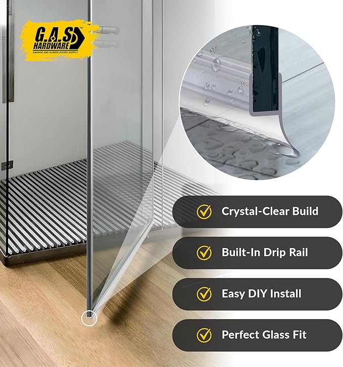 1/4" (6mm) Frameless Shower Door Seal – H-Type 8 Ft. (2.44m) Ultra-Clear Bottom & Side Drip Rail Sweep Strip, 1 Piece for Leak Protection, Water Control & Easy DIY Installation