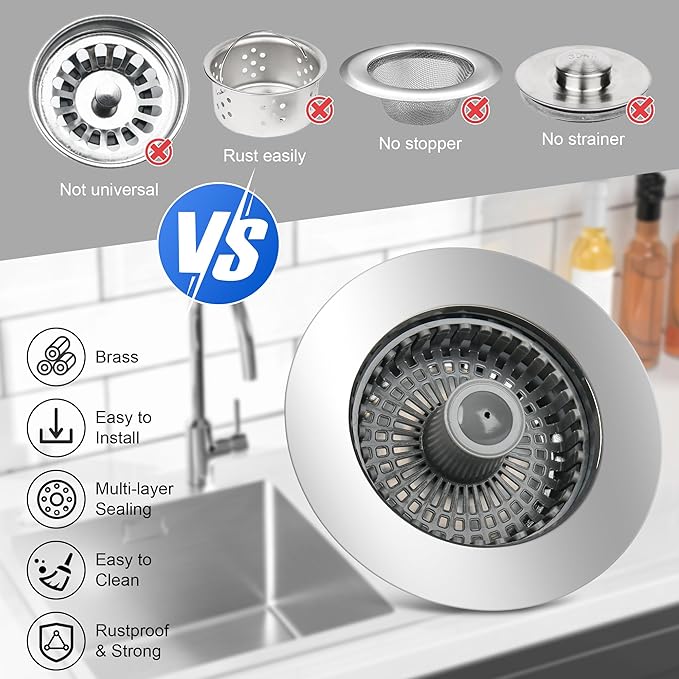 Elegant Brass Kitchen Sink Stopper with 3-in-1 Function - Easy-Clean Bounce core Strainer, Perfect for Standard Sink Drain, Durable Kitchen Sink Drain Strainer（Silver）