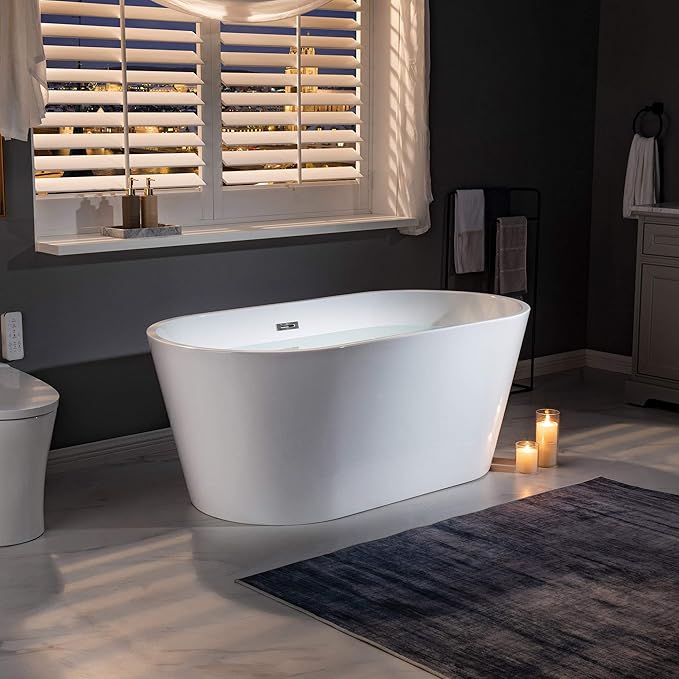 WOODBRIDGE 59" Acrylic Freestanding Bathtub Contemporary Soaking White Tub with Brushed Nickel Overflow and Drain,B0014 -B/N-Drain &O