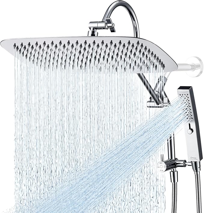 G-Promise All Metal 16 Inch Shower Head with Massage Mode Handheld, Rain Shower Head with Handheld Spray Combo, 3-Way Diverter with Pause Setting, 13 Inch Adjustable Extension Arm (Polished Chrome)