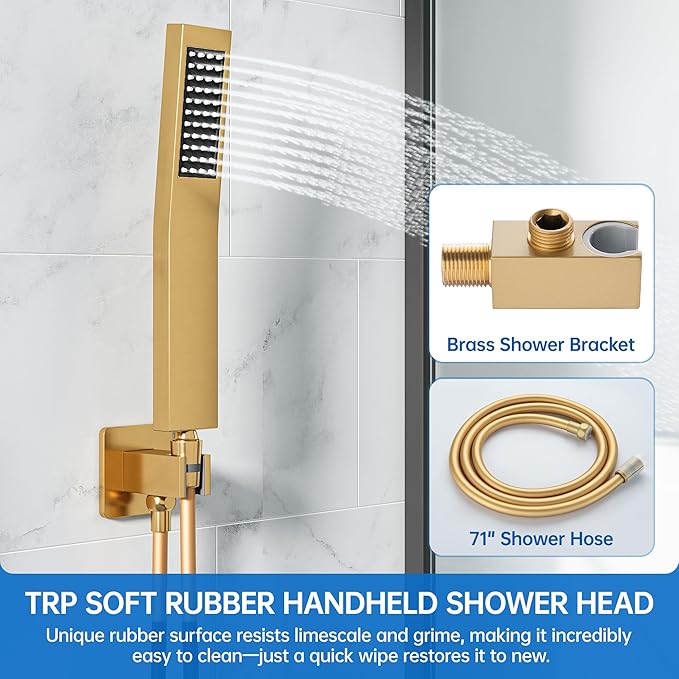 12 Inch Luxury Rain Shower Faucet Set, Brushed Gold Shower System with Rainfall Shower Head and Handheld Spray, SUS304 Stainless Steel and Solid Brass Wall Mounted Shower Valve Trim Kit