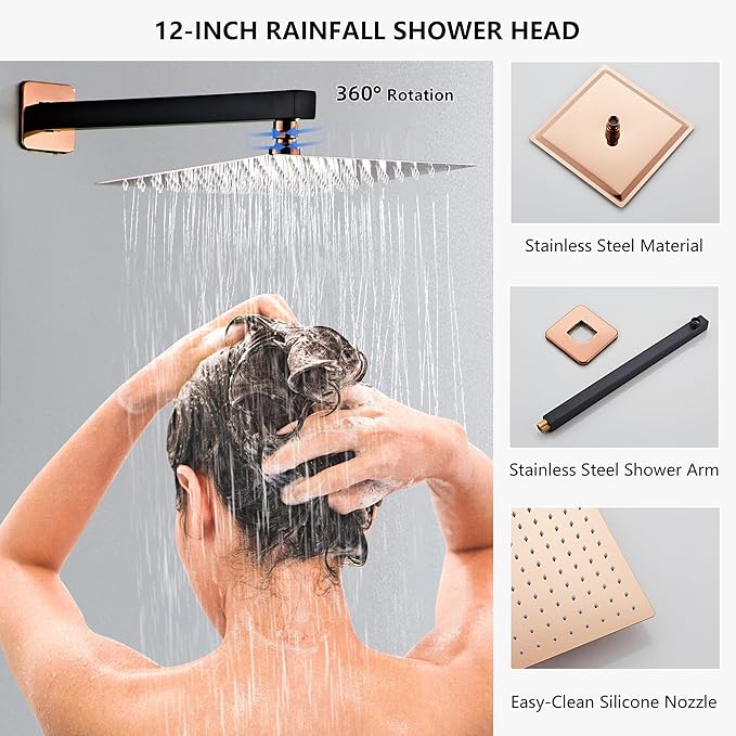 Shower Faucet Set, Matte Black and Rose Gold Rainfall Shower System Complete Wall Mounted for Bathroom with 12 Inch Square Shower Head and Handheld Shower Head Rain Mixer Combo Set