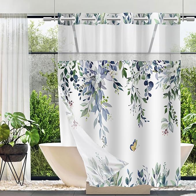 No Hook Shower Curtain and Liner Set, Green Eucalyptus Floral Shower Curtains for Bathroom, Bath Curtain Sets with Snap in Liner, Waterproof with See Through Top Window, 71x77 Inches