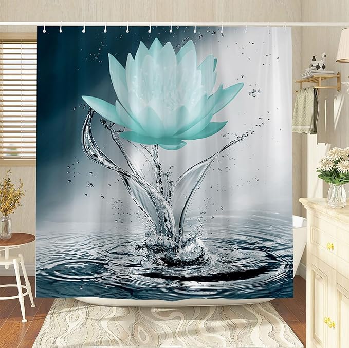 Lotus Shower Curtain Black White Blue Teal Flower Elegant Blooming Floral with Dew Spring Flower Reflection on Water Modern Romantic Polyester Fabric Bathroom Decor 86×70 Inch with Hook