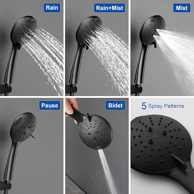 SHAMANDA Shower Faucet Set, Wall Mounted Shower System with High Pressure 9" Rain Shower head and 5-Setting Handheld Shower Head(Pressure Balance Round-In Valve and Trim Included), Matte Black, L01-7