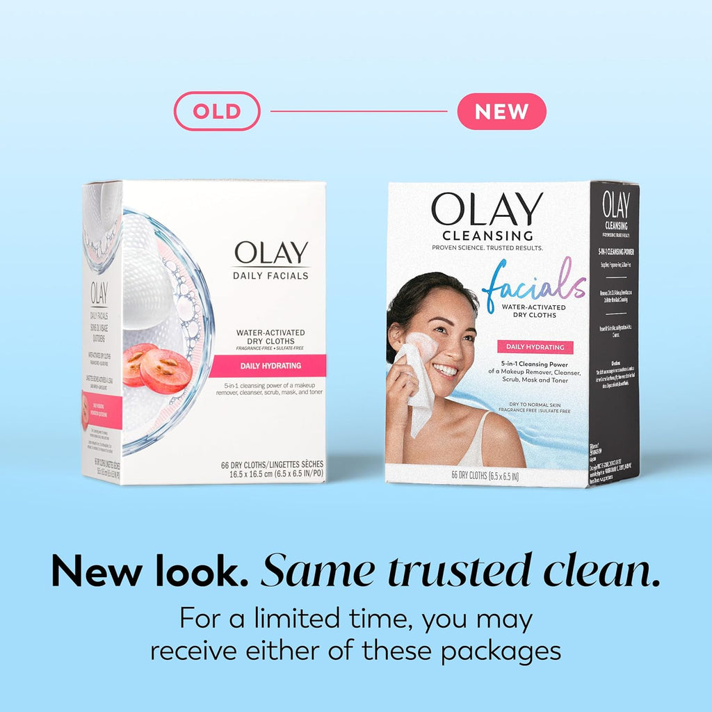 Olay Daily Facials, Daily Clean Makeup Removing Facial Cleansing Wipes, 5-in-1 Water Activated Cloths, Exfoliates, Tones and Hydrates Skin, 66 count