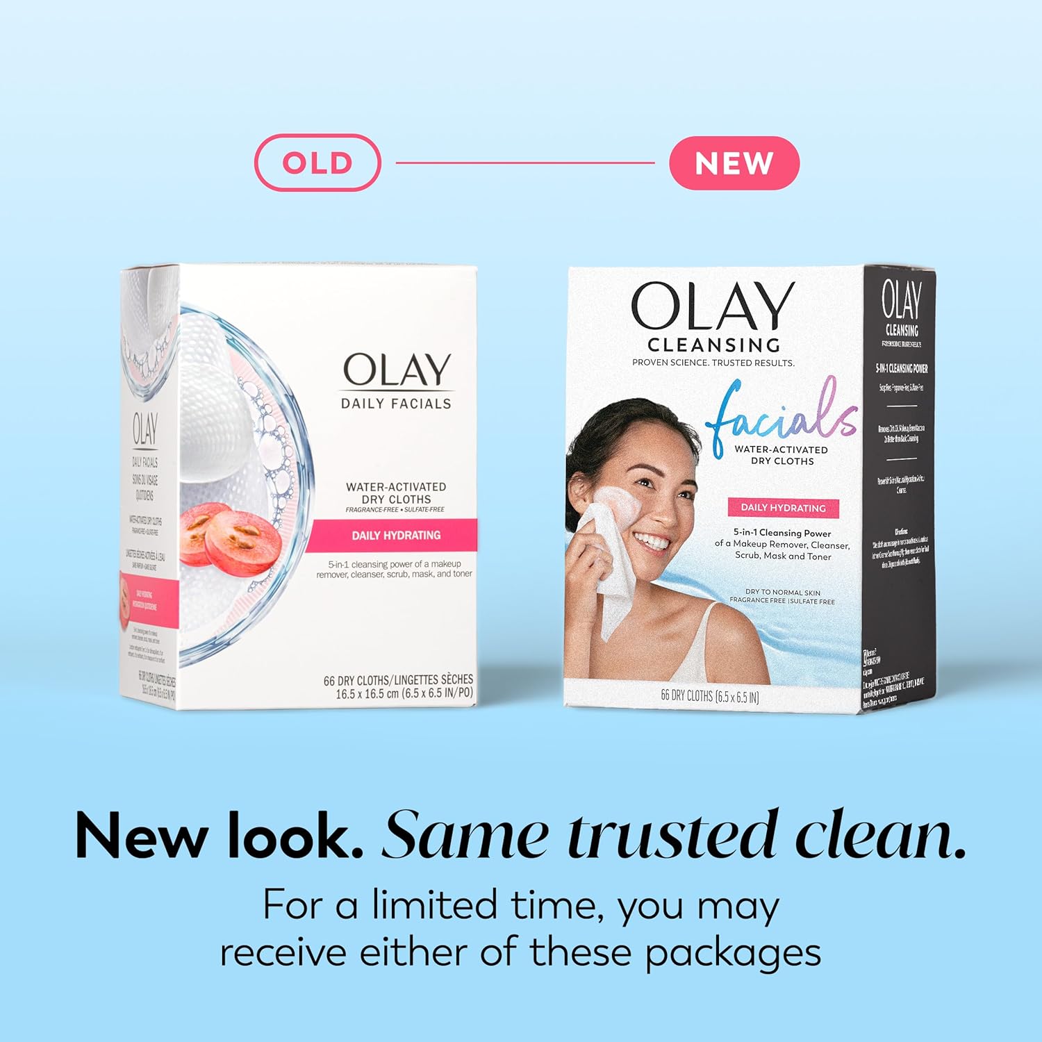Olay Daily Facials, Daily Clean Makeup Removing Facial Cleansing Wipes, 5-in-1 Water Activated Cloths, Exfoliates, Tones and Hydrates Skin, 66 count