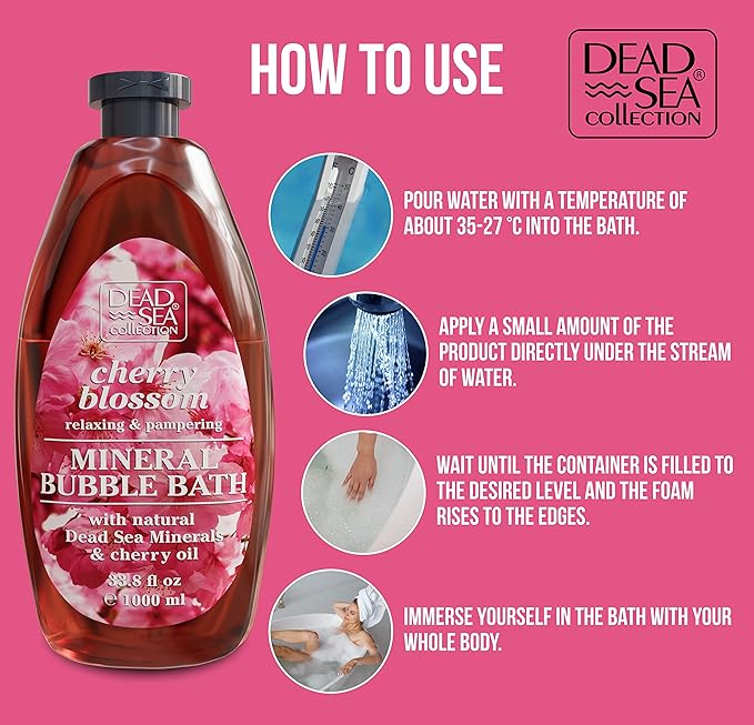 Dead Sea Collection Bubble Bath with Cherry Blossom for Women and Men – Cherry Seeds Oil and Dead Sea Salt - Nourishing and Moisturizing Skin - Pack of 2 (67.6 fl.oz)