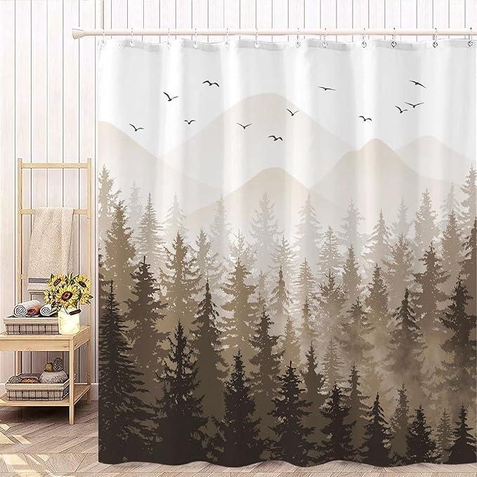 Aipon Brown Misty Forest Shower Curtain Ombre Nature Tree Plants Shower Curtains Fabric Waterproof Mountain Shower Curtain Sets for Bathroom Bath Decor with 12 Hooks (Brown, 72'' × 84'')