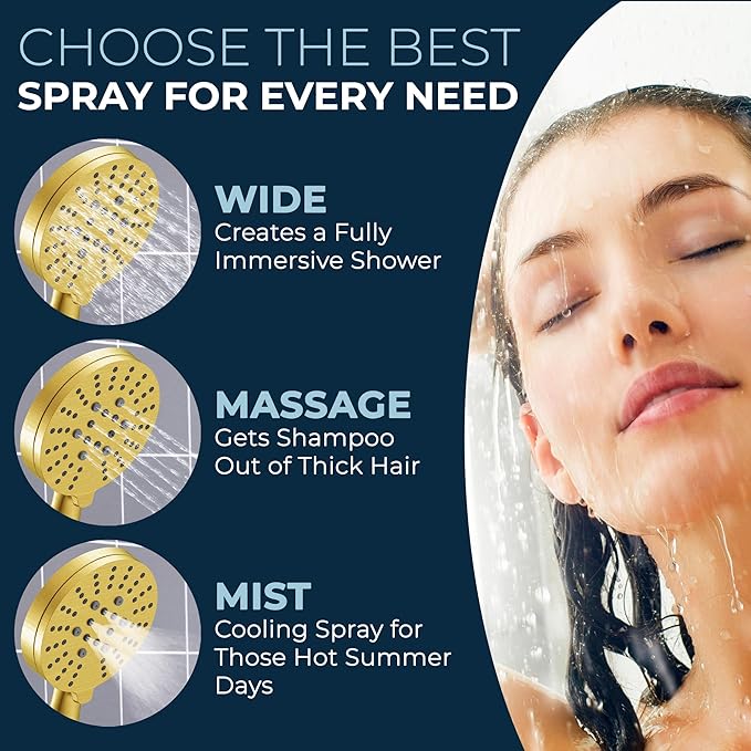 HammerHead Showers® Solid Metal Dual Shower Head Combo – BRUSHED GOLD – 8 Inch Rainfall High Flow Shower Head & 3-Flow Handheld Shower Head High Pressure with Hose 6ft - Luxury Double Shower Heads