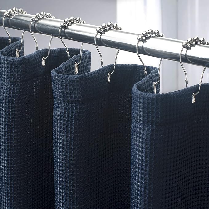 AmazerBath Waffle Shower Curtain Heavy Duty 240GSM, Navy Blue Shower Curtain Fabric Waffle Textured, Hotel Quality, Bathroom Shower Curtains, 72 x 72 Inches