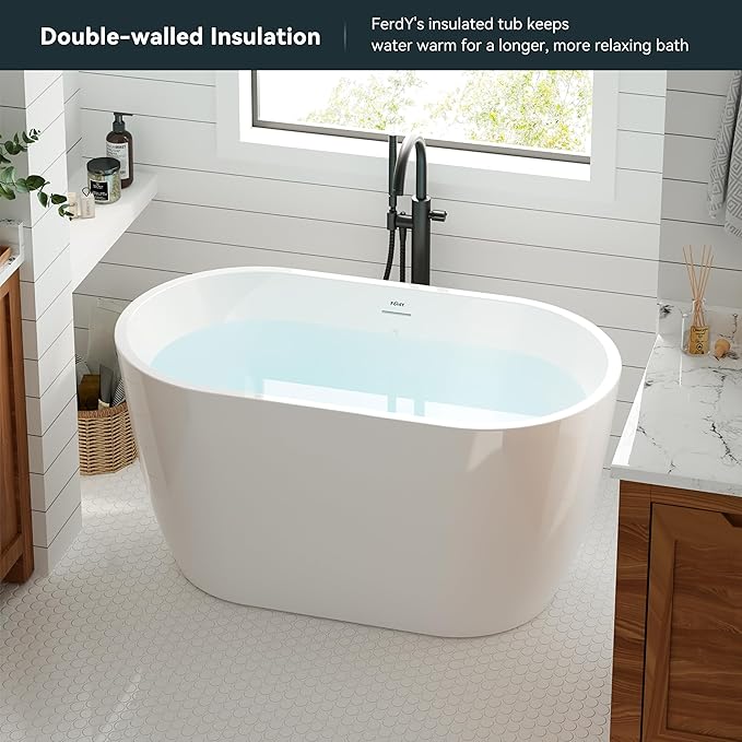 FerdY 47" Bali Acrylic Freestanding Bathtub with Headrest, Gracefully Shaped Freestanding Soaking Bathtub, cUPC Certified, Toe-Tap White Drain & Overflow & Bath Pillow Included