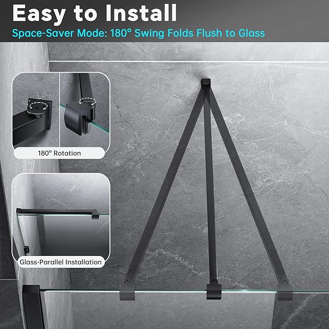 Frameless Shower Door Support Bar, Stainless Steel Wall-to-Glass Support Arm to Fixed Shower Glass Panel, for 1/4"-3/8" (6-10 mm) Door, 180° Pivot & Stow-Flat Mode (Matte Black, 19.7-inch(500mm))