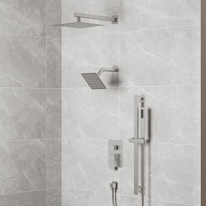 10" High-Pressure Rainfall Shower Faucet with Handheld Spray, Wall Mount Dual Shower Head System with Slide Bar (Brushed Nickel)