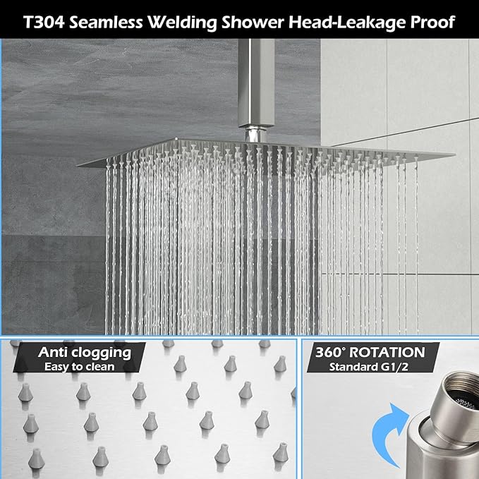 Lordear Rain Shower System 12 Inch Wall Mounted Shower Faucet Set, Brushed Nickel Stainless Steel Shower Head with Handle Set and Brass Valve Brushed Nickel 12" Shower Head