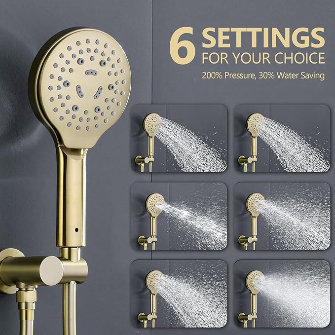 Brushed Gold Shower Faucet Set, Wall Mount Rain Shower System 10 Inches Shower Head and Shower Handheld, Included Pressure Balance Valve and Trim Kit