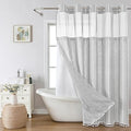 No Hook Long Shower Curtain Set with Snap-in Fabric Liner,Linen Ultra Thick Fabric with Tassels,Boho Chic Modern Farmhouse Country Neutral Cloth Shower Curtains for Bathroom,Grey/Gray,71x80