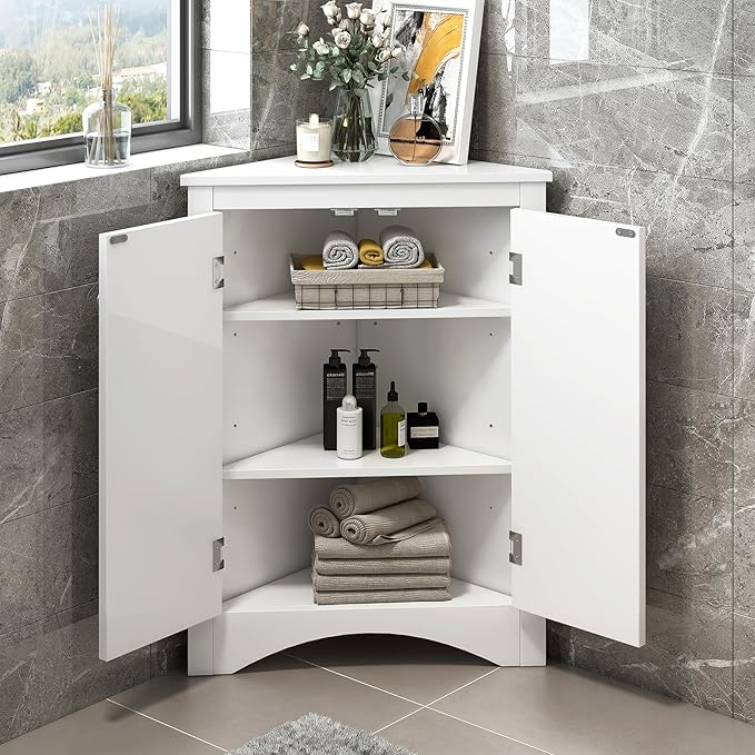 Corner Storage Cabinet with Adjustable Shelves, Triangle Bathroom & Kitchen Organizer, Freestanding Floor Cabinet for Toilet Kitchen Bathroom Cleaning Supplies (White 2)