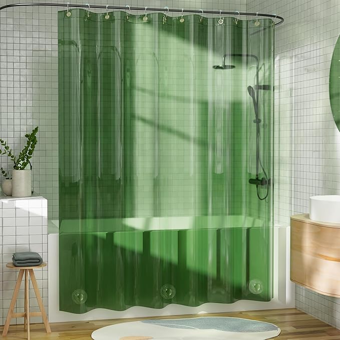 AmazerBath Shower Curtain Liner, 100% EVA Clear Green Heavy Duty Luxury Shower Curtain and Liner 2-in-1 for Christmas, 72x72 Plastic Weighted Shower Liner, 12 Rustproof Grommets & 3 Heavyweight Stones