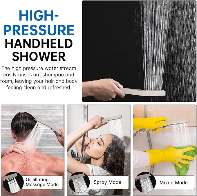 G-Promise All Metal 12 Inch Shower Head with Massage Mode Handheld, Rain Shower Head with Handheld Spray Combo, 3-Way Diverter with Pause Setting, 13 Inch Adjustable Extension Arm (Brushed Nickel)