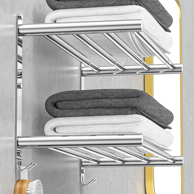 Adjustable Towel Bar for Bathroom Wall Mount17-30.7inch Adhesive Shower Towel Rack Stainless Steel Bath Towel Holders for Toilet Kitchen Double Towel Hanger (Double Towel Rack)
