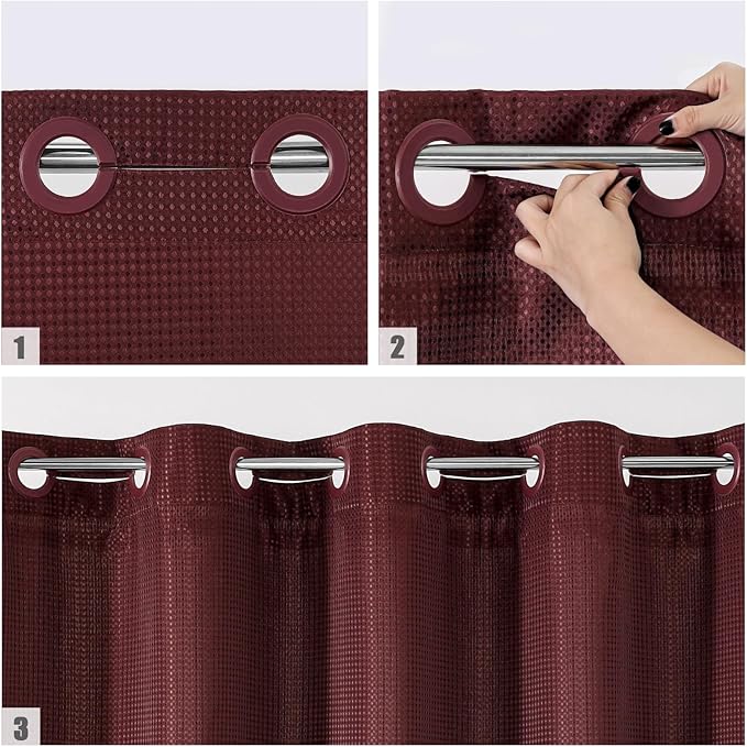 MitoVilla Burgundy Waffle Small Stall Shower Curtain Liner Set 36 x 74, No Hooks Required Half Size Narrow Fabric Cloth Shower Curtain Set with Snap-in Liner for Modern Bathroom Decor, Burgundy