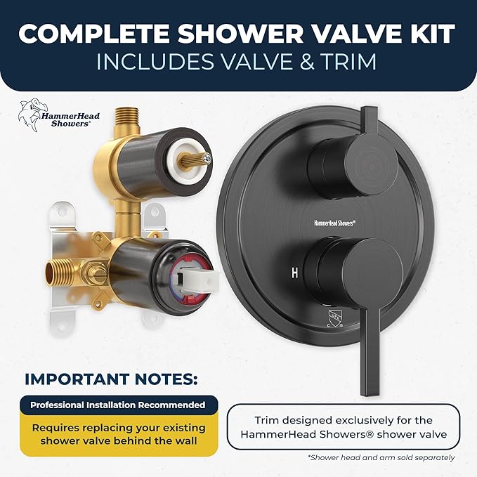 HammerHead Showers Solid Metal Shower Valve and Trim Kit, Two-Handle Volume and Temperature Control with Integrated Diverter, Pressure Balance Rough-In Valve Included, Oil Rubbed Bronze