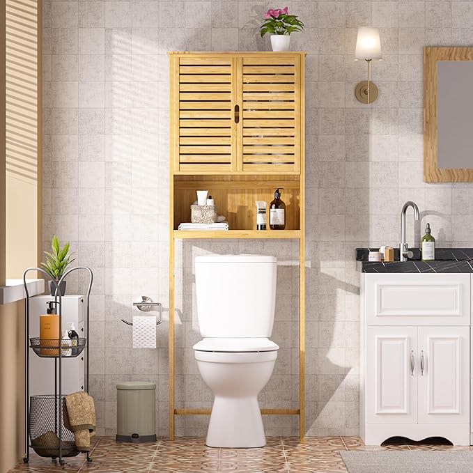 BlueWish Bamboo Over The Toilet Storage Cabinet, Over Toilet Cabinet with Anti-toppling Design, Adjustable Slats, Over-The-Toilet Storages, Bathroom Storage Cabinets for Bathroom, Laundry