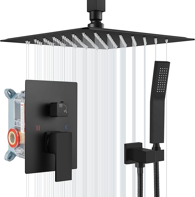 Aolemi Ceiling Mount Shower System Rain Shower Head with Handheld Spray High Pressure Shower Faucet Set Rough-in Valve Shower Trim Kit Included Bathroom Matte Black 12 Inch Ceiling Shower Head