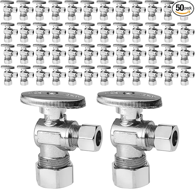 50-Pack EFIELD Angle Stop Valve 1/2" Nominal (5/8" OD) Compression x 3/8" OD, 1/4-Turn,(VALVE116-50PCS)